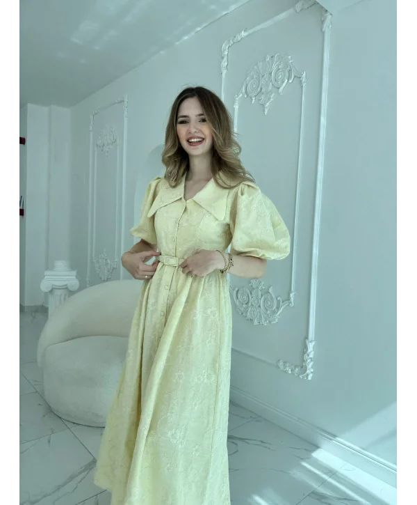 Sivri Bebe Yaka Balon Kollu Sarı Brode Elbise