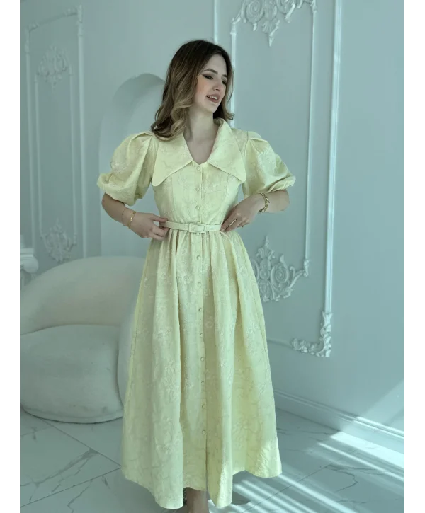 Sivri Bebe Yaka Balon Kollu Sarı Brode Elbise