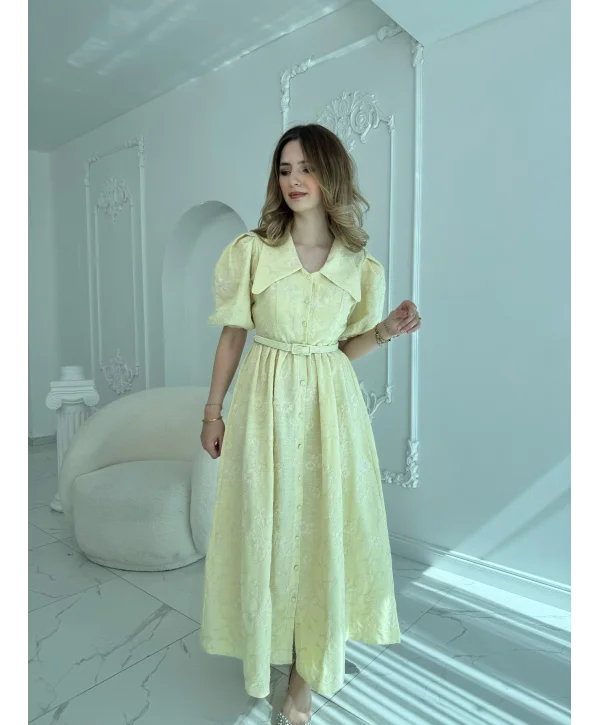 Sivri Bebe Yaka Balon Kollu Sarı Brode Elbise