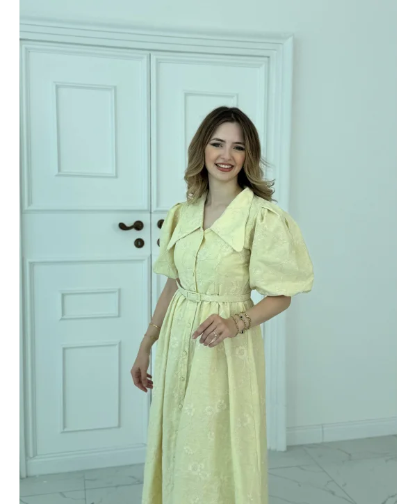 Sivri Bebe Yaka Balon Kollu Sarı Brode Elbise