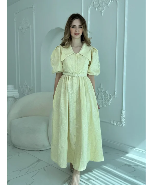 Sivri Bebe Yaka Balon Kollu Sarı Brode Elbise