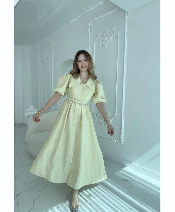 Sivri Bebe Yaka Balon Kollu Sarı Brode Elbise