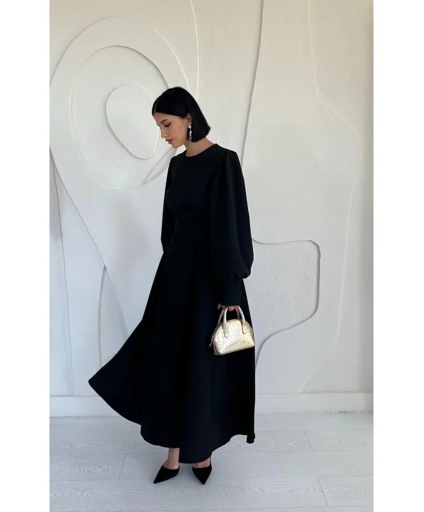 Siyah Balon Kollu Kemerli Elbise