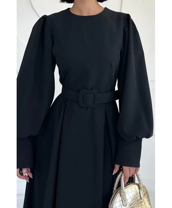 Siyah Balon Kollu Kemerli Elbise