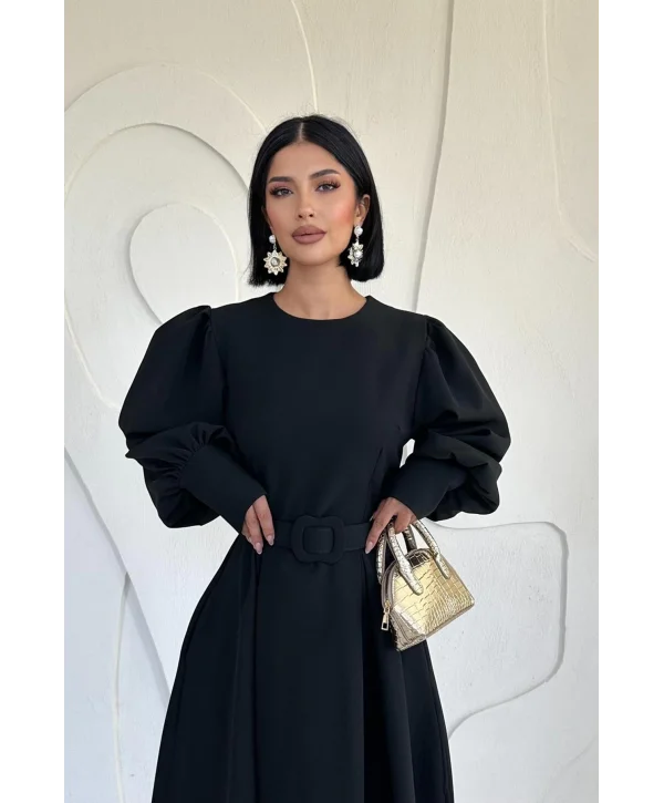 Siyah Balon Kollu Kemerli Elbise