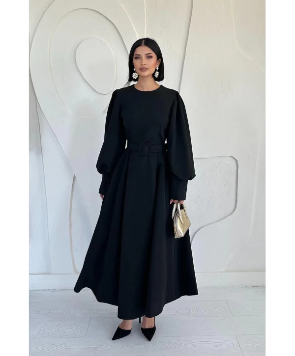 Siyah Balon Kollu Kemerli Elbise