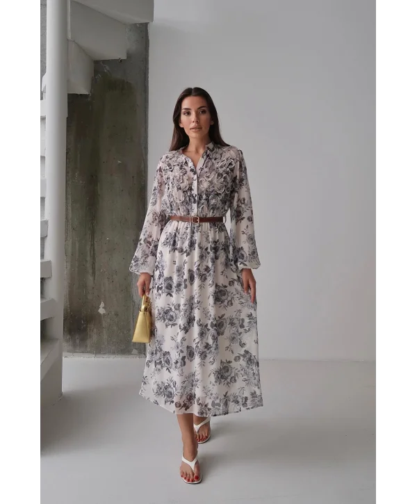 Siyah Çiçekli Kemerli Şifon Elbise