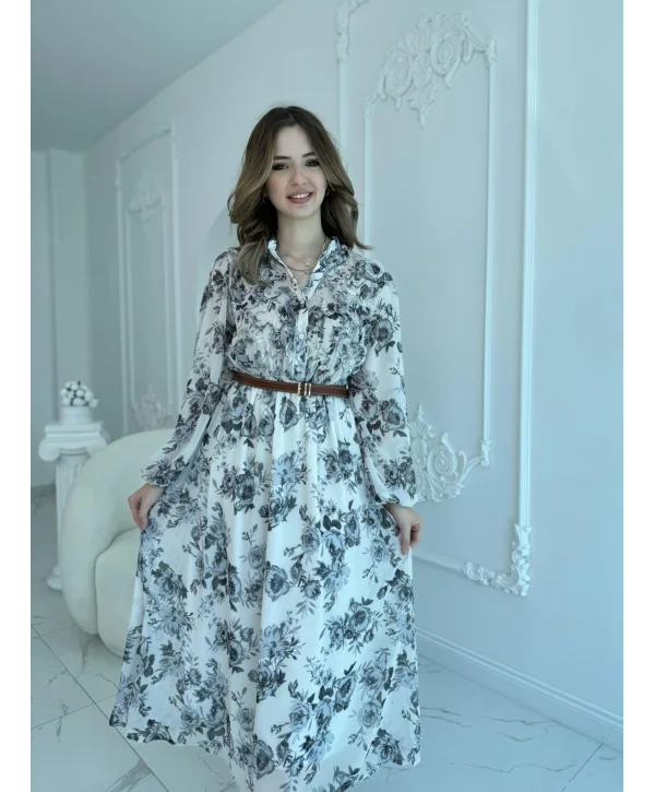 Siyah Çiçekli Kemerli Şifon Elbise