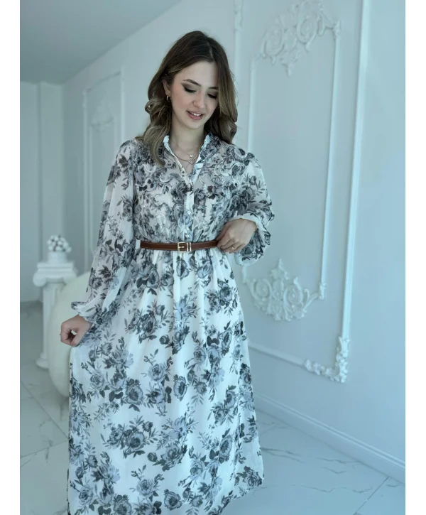 Siyah Çiçekli Kemerli Şifon Elbise