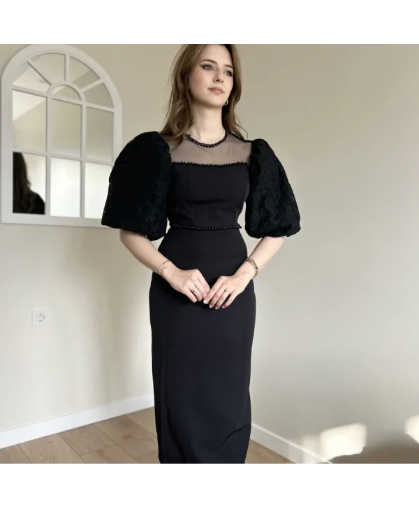 Diana Siyah Tül ve İnci Detaylı Elbise