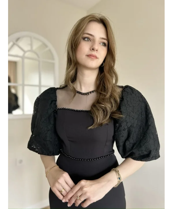 Diana Siyah Tül ve İnci Detaylı Elbise