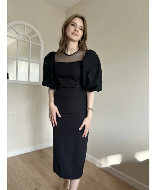 Diana Siyah Tül ve İnci Detaylı Elbise