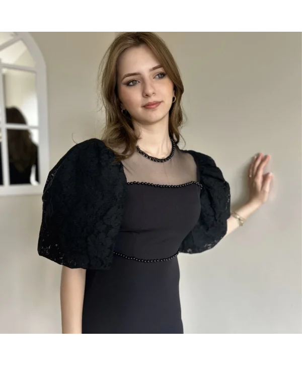 Diana Siyah Tül ve İnci Detaylı Elbise
