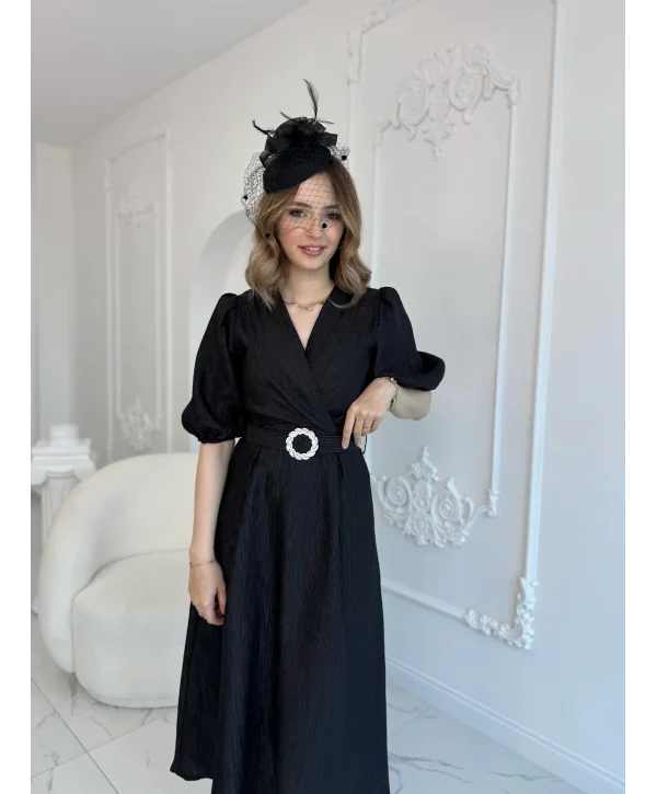 Siyah Işıltılı Kemerli Kruvaze Elbise