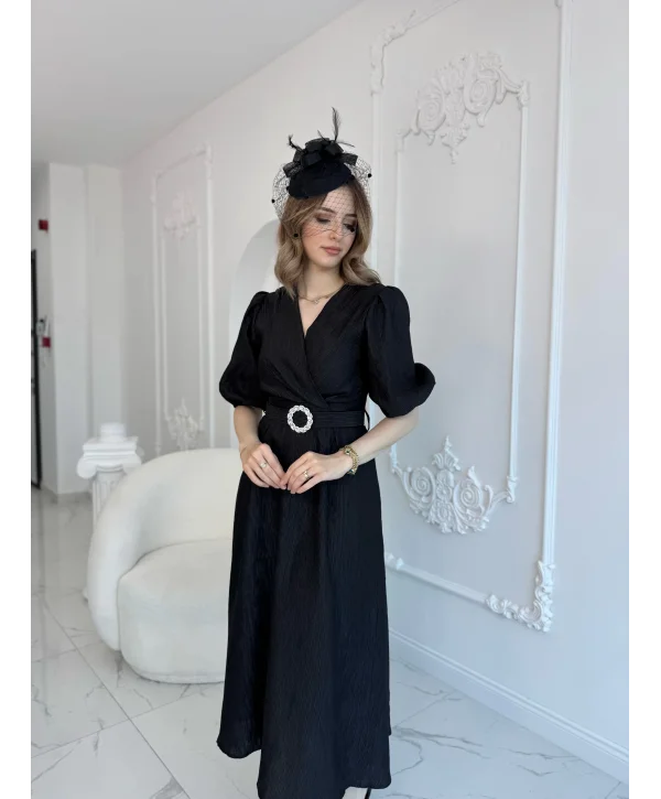 Siyah Işıltılı Kemerli Kruvaze Elbise