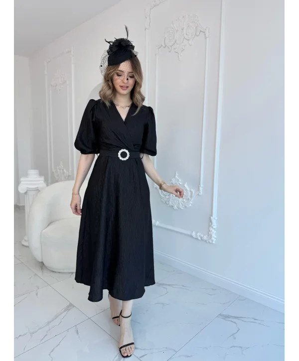 Siyah Işıltılı Kemerli Kruvaze Elbise