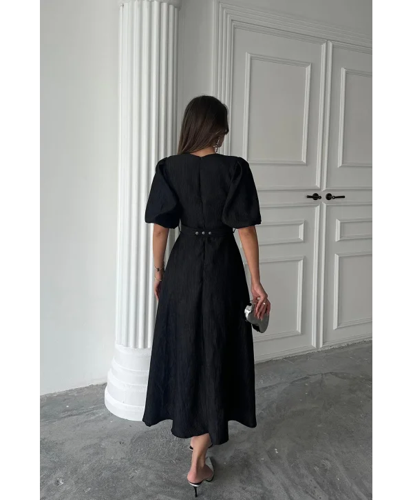 Siyah Işıltılı Kemerli Kruvaze Elbise