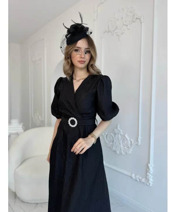 Siyah Işıltılı Kemerli Kruvaze Elbise