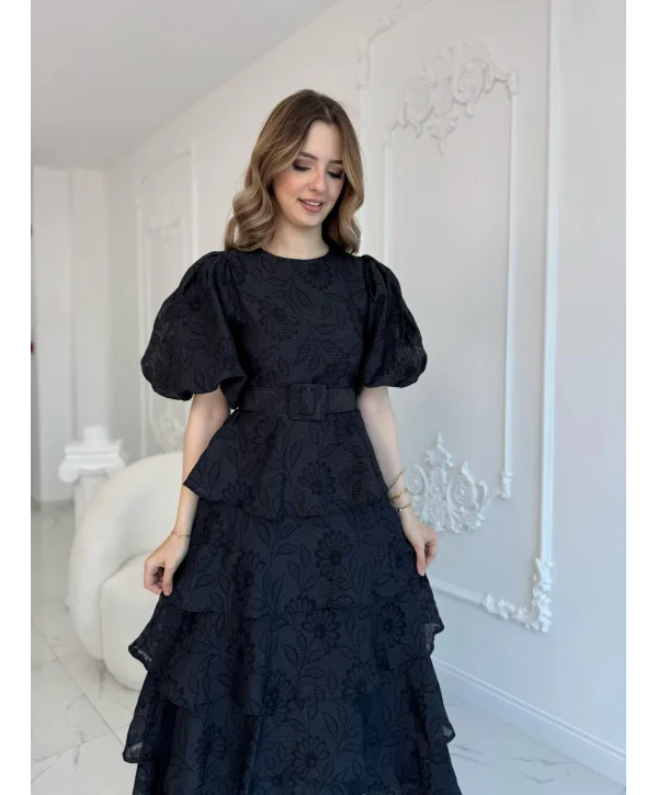 Siyah Kat Kat Balon Kollu Kemerli Elbise