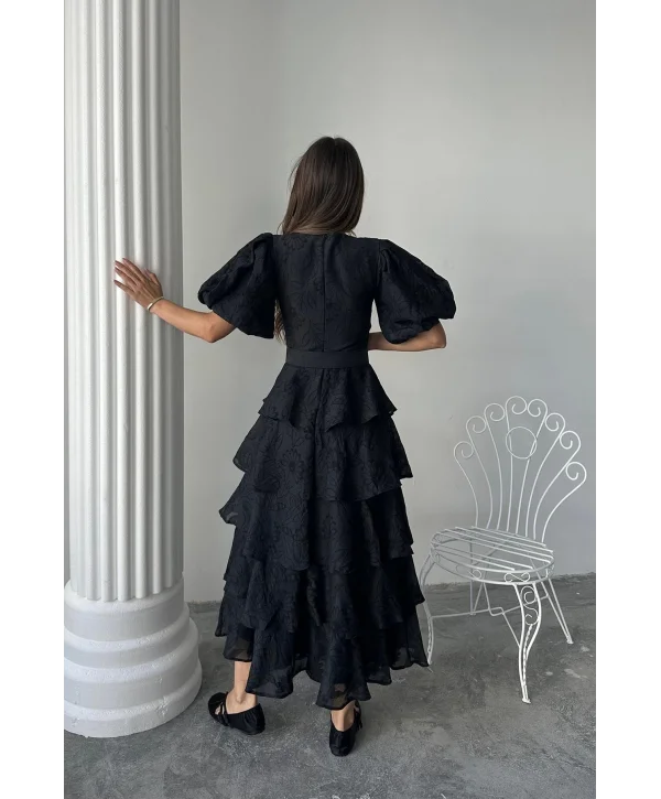 Siyah Kat Kat Balon Kollu Kemerli Elbise