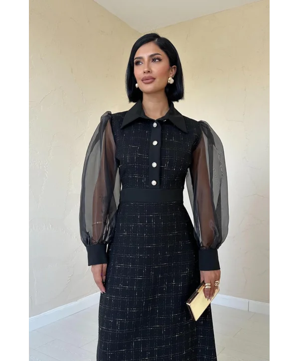 Siyah Kolu Organze Garnili Elbise