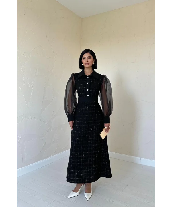 Siyah Kolu Organze Garnili Elbise