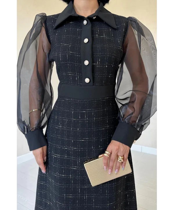 Siyah Kolu Organze Garnili Elbise