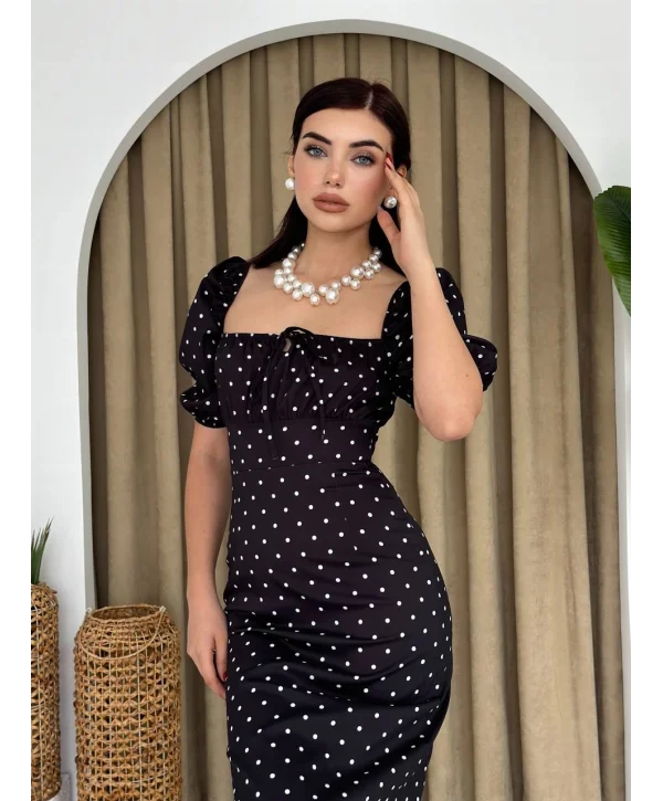 Siyah İpli ve Puantiyeli Balon Kol Elbise