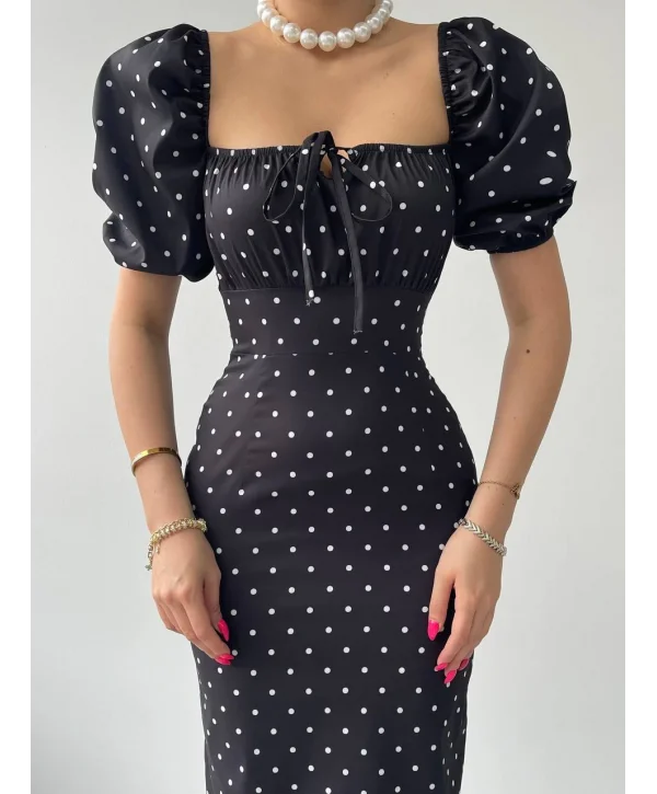 Siyah İpli ve Puantiyeli Balon Kol Elbise
