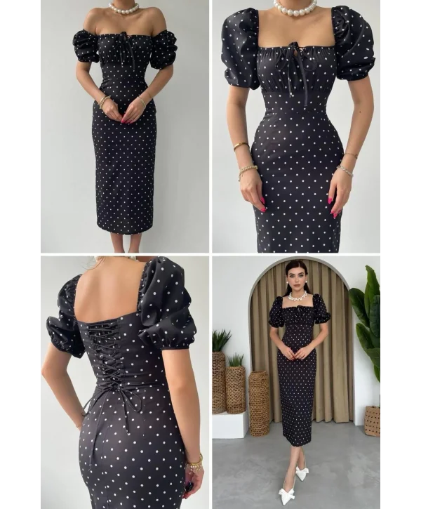 Siyah İpli ve Puantiyeli Balon Kol Elbise