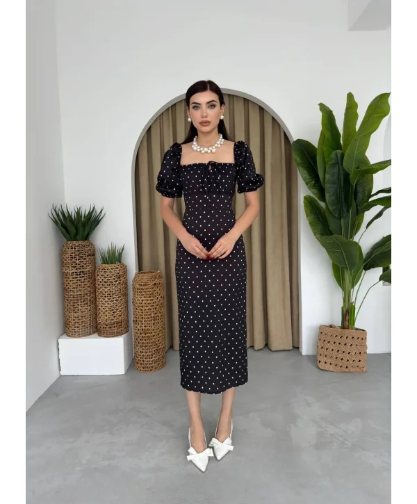 Siyah İpli ve Puantiyeli Balon Kol Elbise
