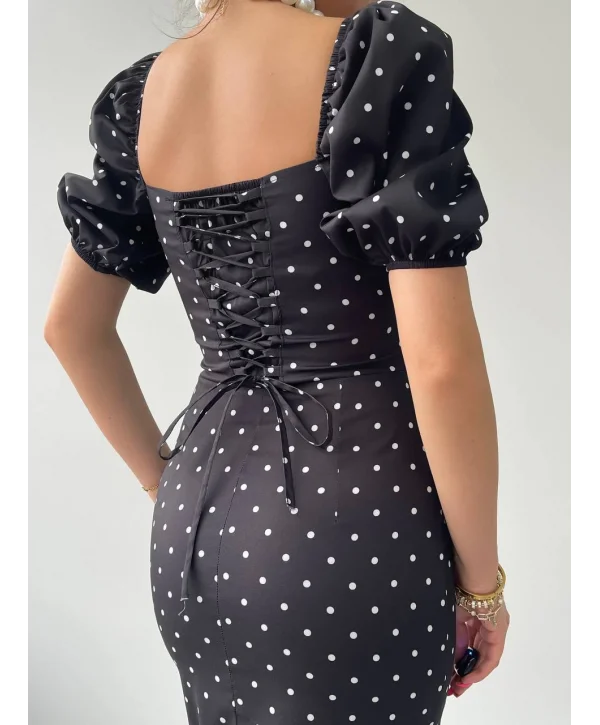 Siyah İpli ve Puantiyeli Balon Kol Elbise