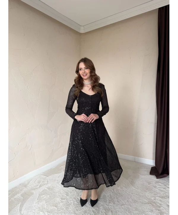 Parla Siyah Pul Parıltılı Midi Boy Elbise