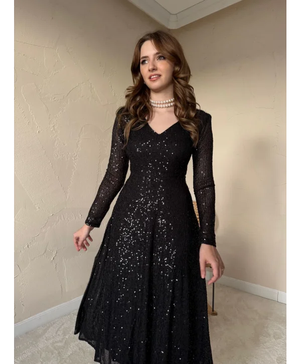 Parla Siyah Pul Parıltılı Midi Boy Elbise