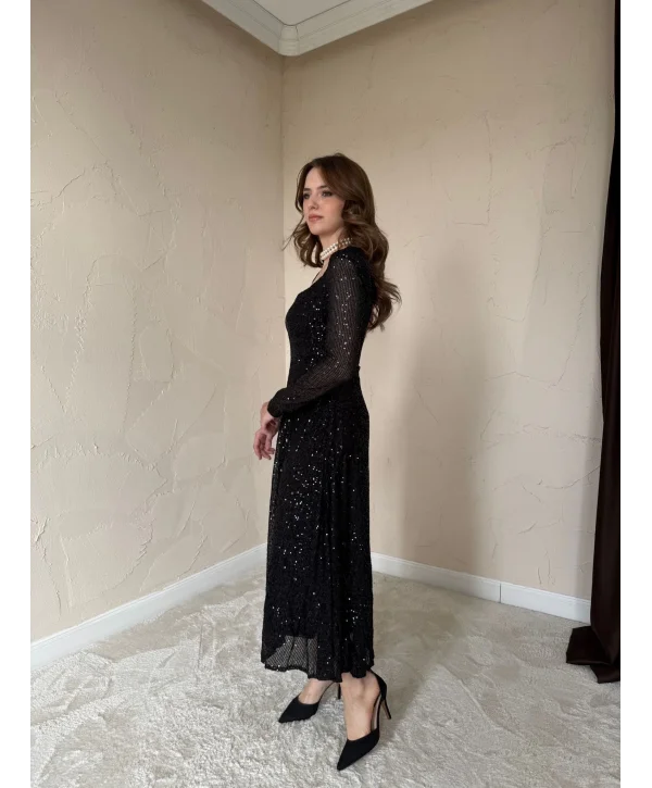 Parla Siyah Pul Parıltılı Midi Boy Elbise