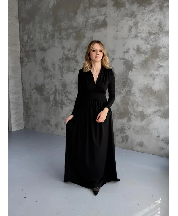 Siyah V Yaka Maxi Boy Elbise
