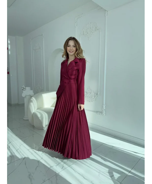 Takım Görünümlü Pileli Bordo Maxi Elbise