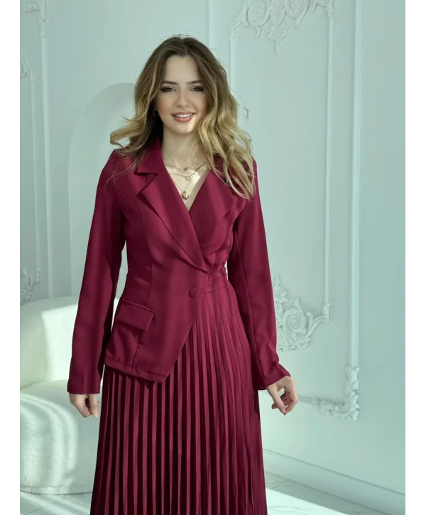 Takım Görünümlü Pileli Bordo Maxi Elbise