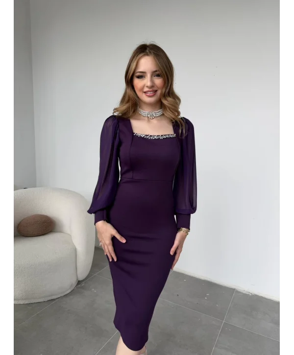 Taş Detaylı Kare Yaka Tül Kollu Midi Boy Mor Elbise