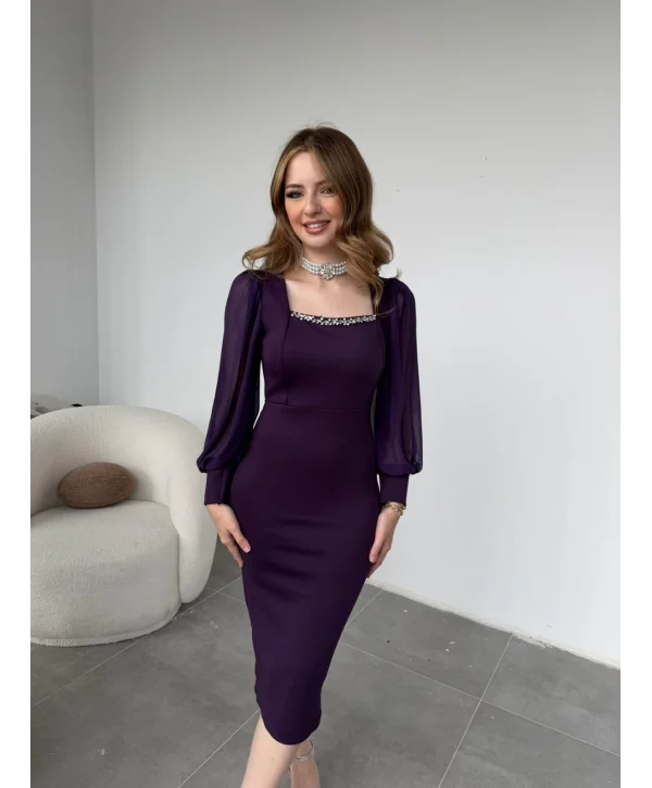 Taş Detaylı Kare Yaka Tül Kollu Midi Boy Mor Elbise