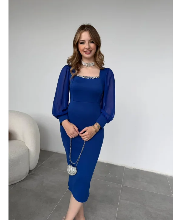 Taş Detaylı Kare Yaka Tül Kollu Midi Boy Saks Elbise