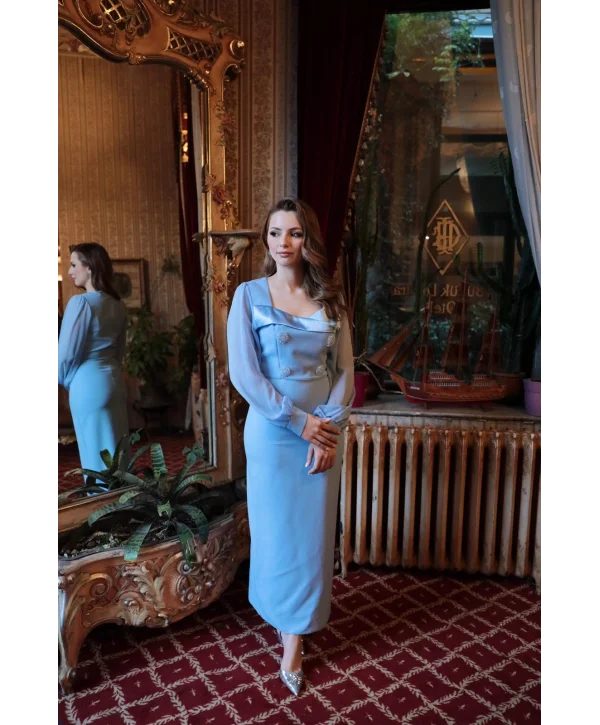 Taş Düğmeli Saten Yaka Detaylı Şifon Kol Mavi Elbise