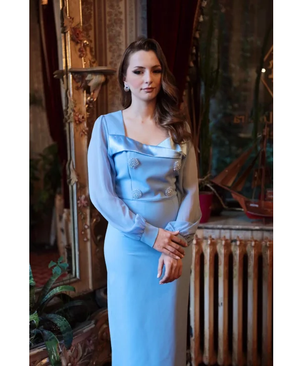 Taş Düğmeli Saten Yaka Detaylı Şifon Kol Mavi Elbise