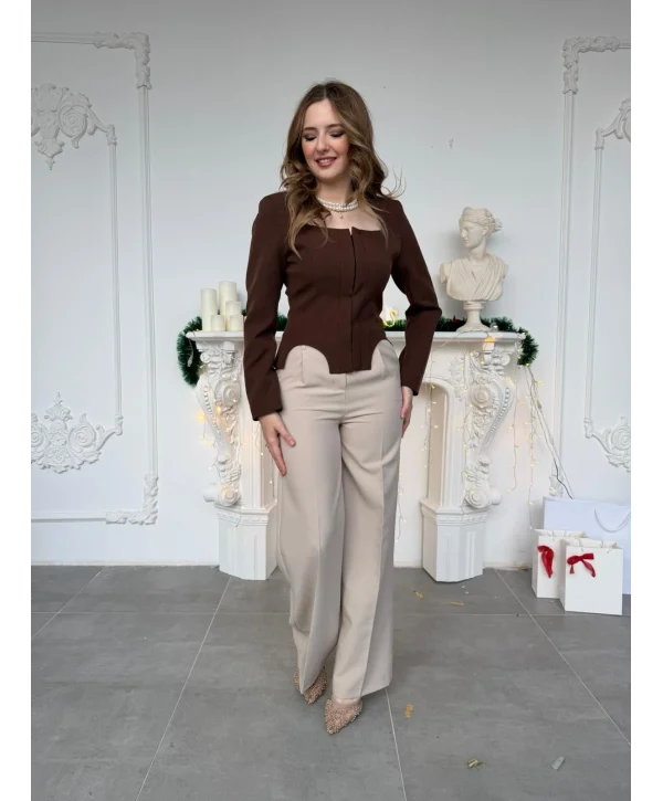 Taş Rengi Kemerli Yüksek Bel Fitilli Pantolon