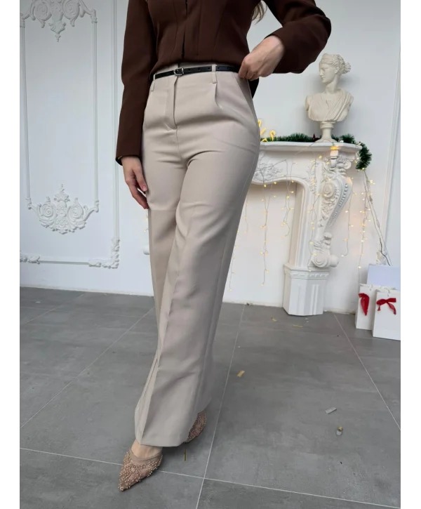 Taş Rengi Kemerli Yüksek Bel Fitilli Pantolon