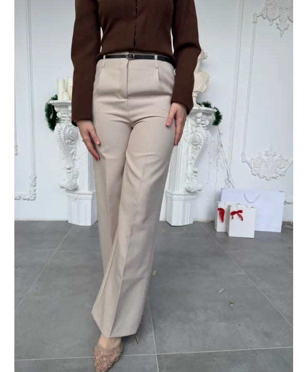 Taş Rengi Kemerli Yüksek Bel Fitilli Pantolon