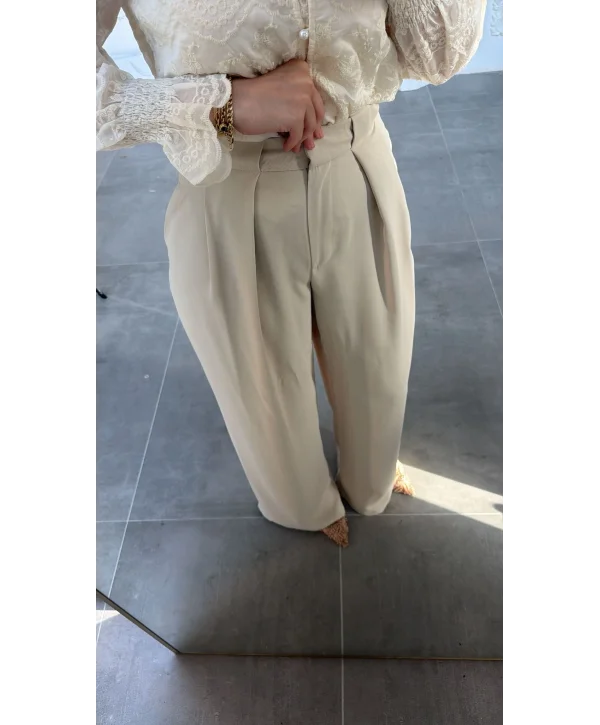Taş Rengi Yüksek Bel Pileli Palazzo Pantolon