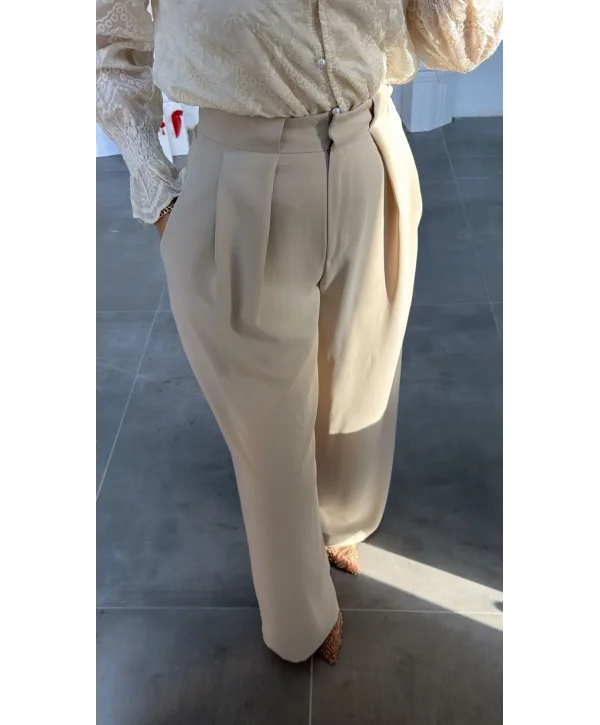 Taş Rengi Yüksek Bel Pileli Palazzo Pantolon