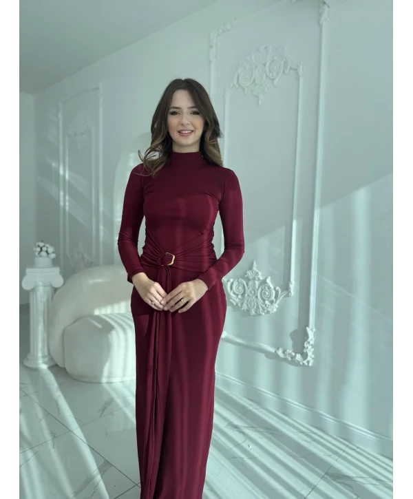 Tokalı Bel Detaylı Uzun Bordo Elbise