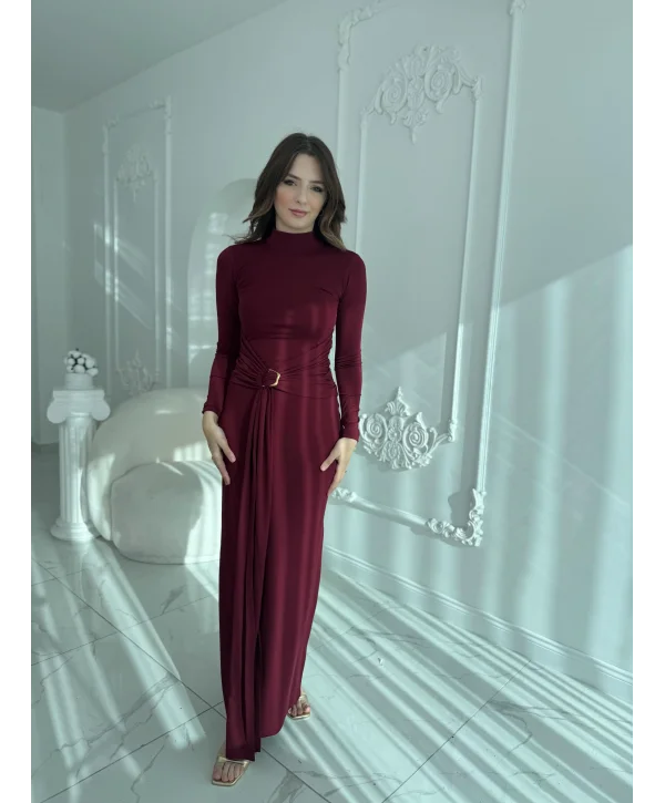 Tokalı Bel Detaylı Uzun Bordo Elbise